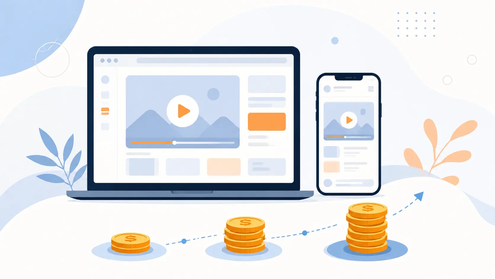 Illustration of a laptop and phone displaying AI-generated video ad thumbnails, representing a budget-tiered comparison of AI video ad generator tools for small businesses