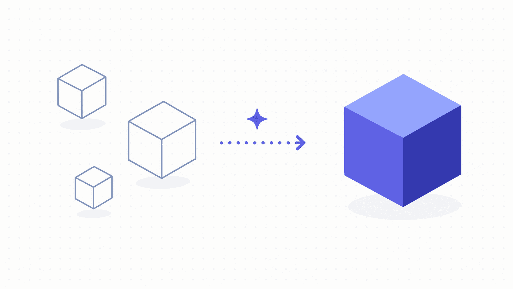 Three small wireframe cube drafts on the left, connected by an arrow to one larger solid indigo cube on the right, illustrating an AI 3D model generator turning rough drafts into a finished 3D model