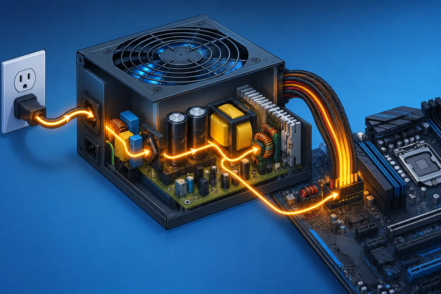 Illustration of a computer power supply converting wall outlet power into steady power for a PC